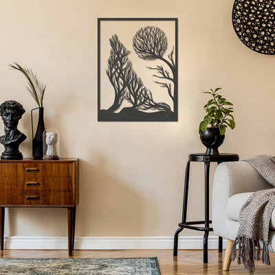 Wanddecoratie dieren | Wolf met volle maan van takken