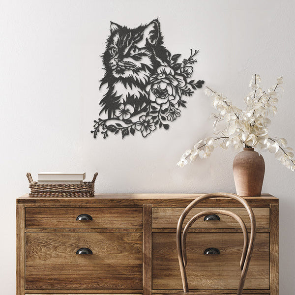 Wanddecoratie dieren | kat met bloemen
