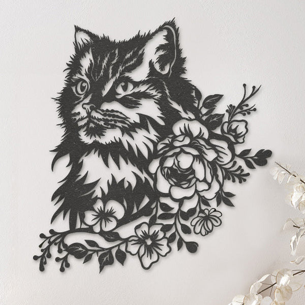 Wanddecoratie dieren | kat met bloemen